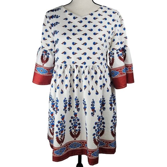 Chicwish Dresses & Skirts - Chicwish Bell Sleeve Babydoll Dress White Red Blue Floral Print Boho Mini Dress